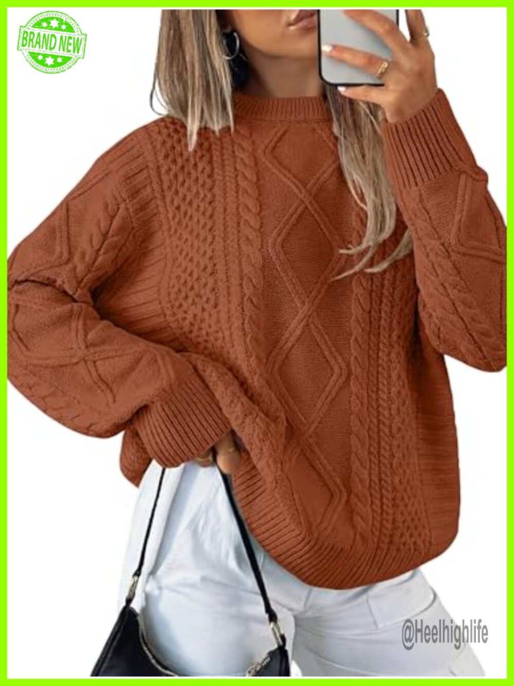 Oversized Cable Knit Pullover Sweater Crewneck Long Sleeve